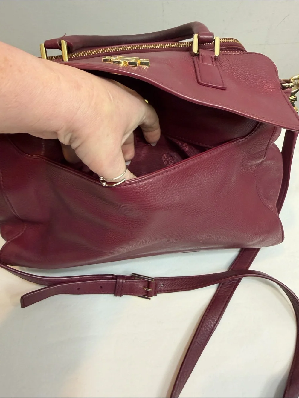 Tory Burch burgundy red Mercer Double Zip Dome Pebbled Leather Satchel/Crossbody